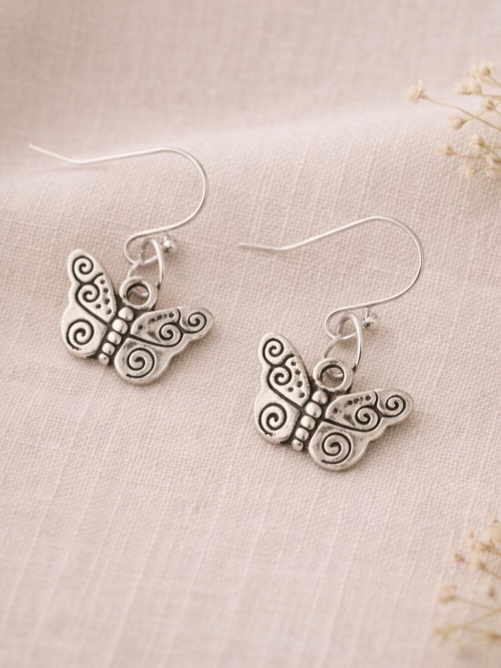 Tiny Antiqued Silver Butterfly Dangle Earrings Minimalist Boho